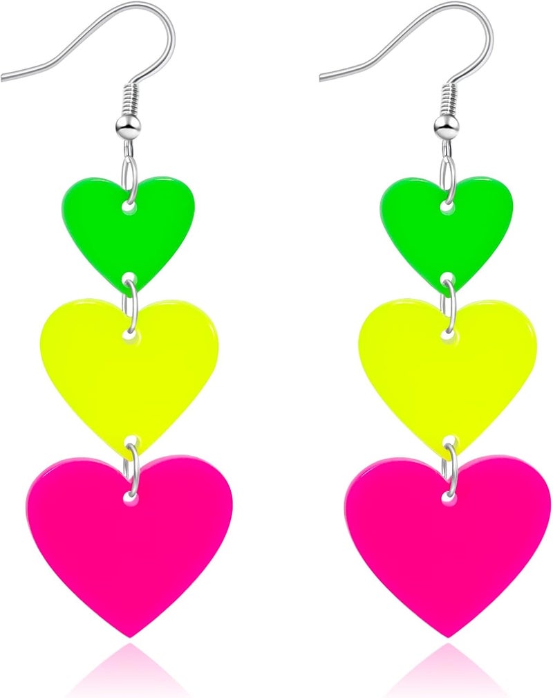 HOLYRY Neon Heart Earrings for Women Acrylic Neon Earrings 80s 90s Outfit for Women Glow Party Accessories Gifts Hot Pink Orange Green Yellow - Image 1